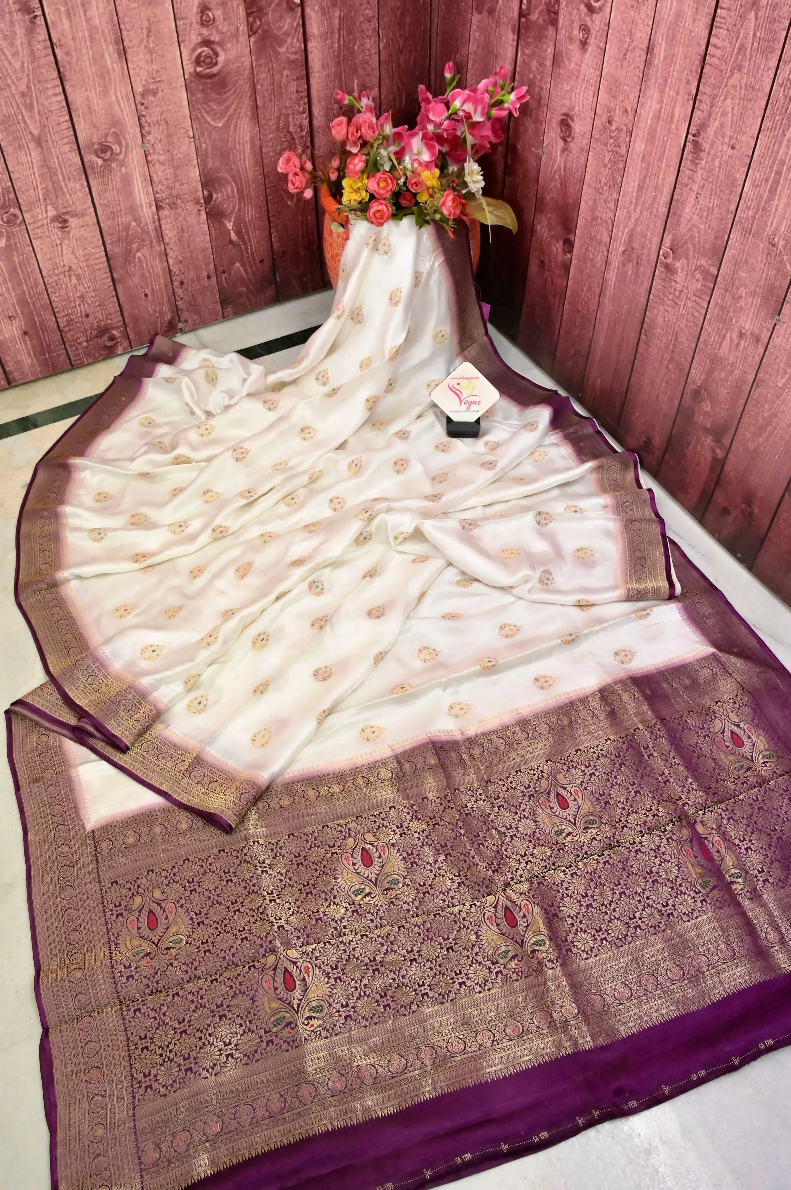 Ivory White Color Satin Banarasi Saree with Meenakari Work