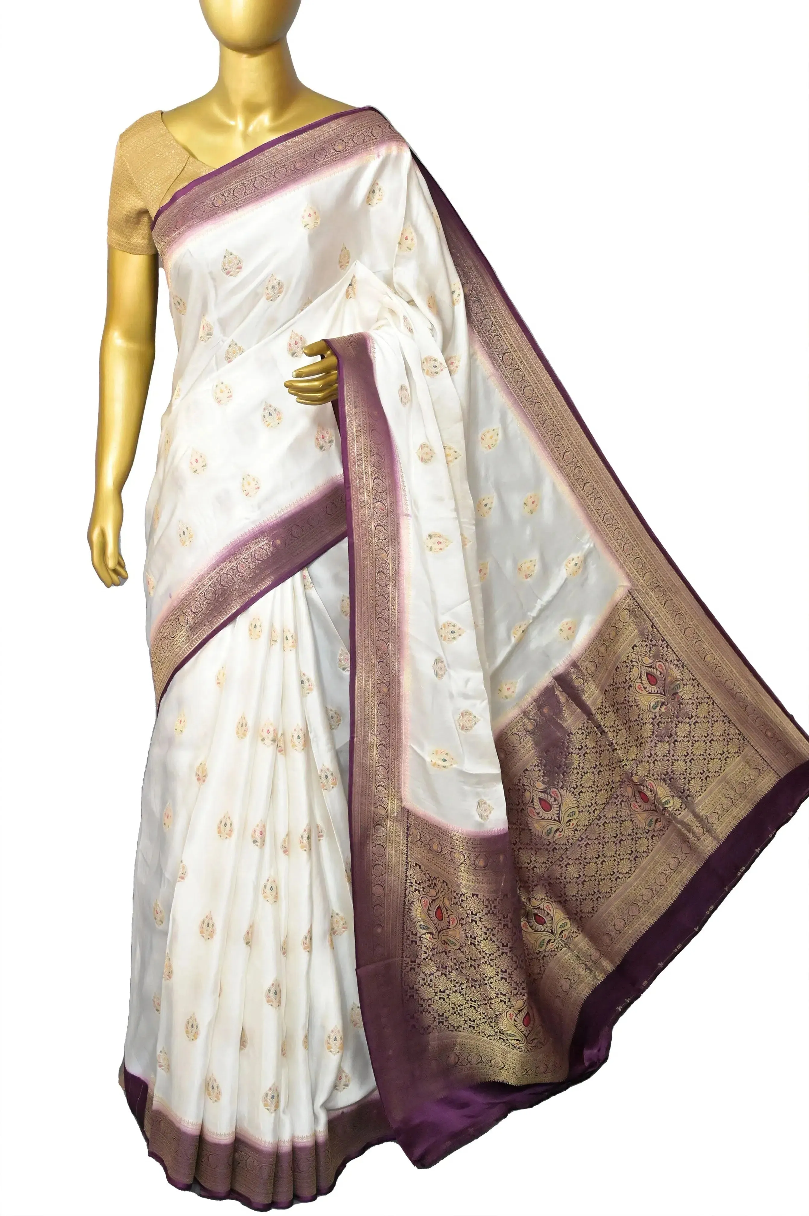 Ivory White Color Satin Banarasi Saree with Meenakari Work