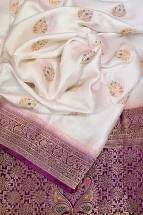 Ivory White Color Satin Banarasi Saree with Meenakari Work