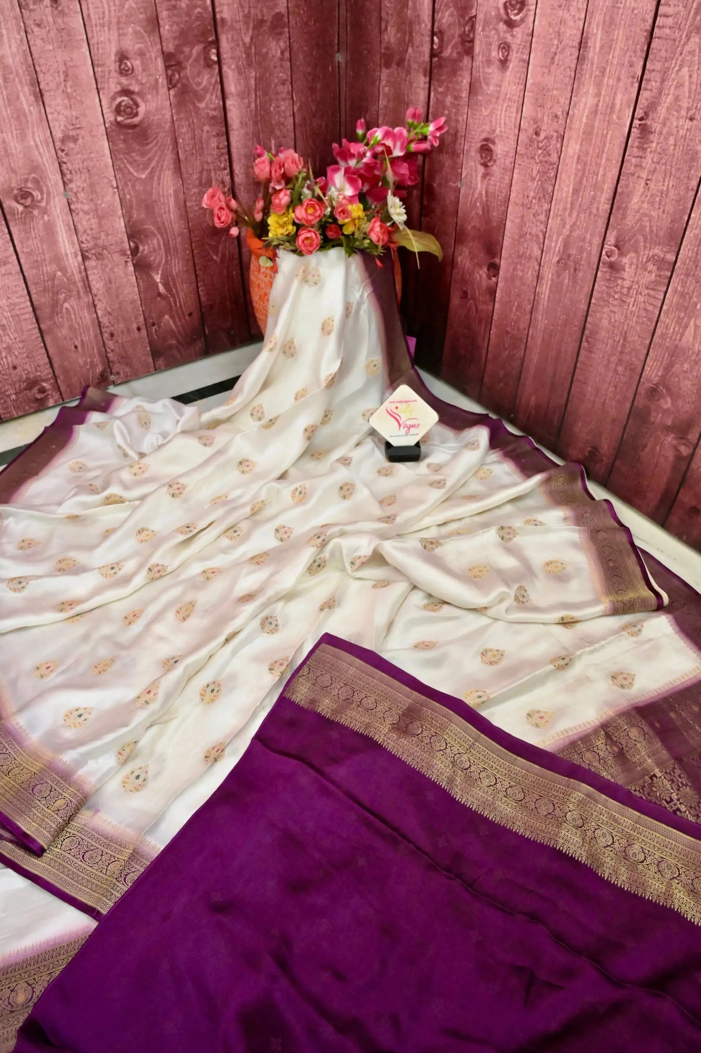 Ivory White Color Satin Banarasi Saree with Meenakari Work