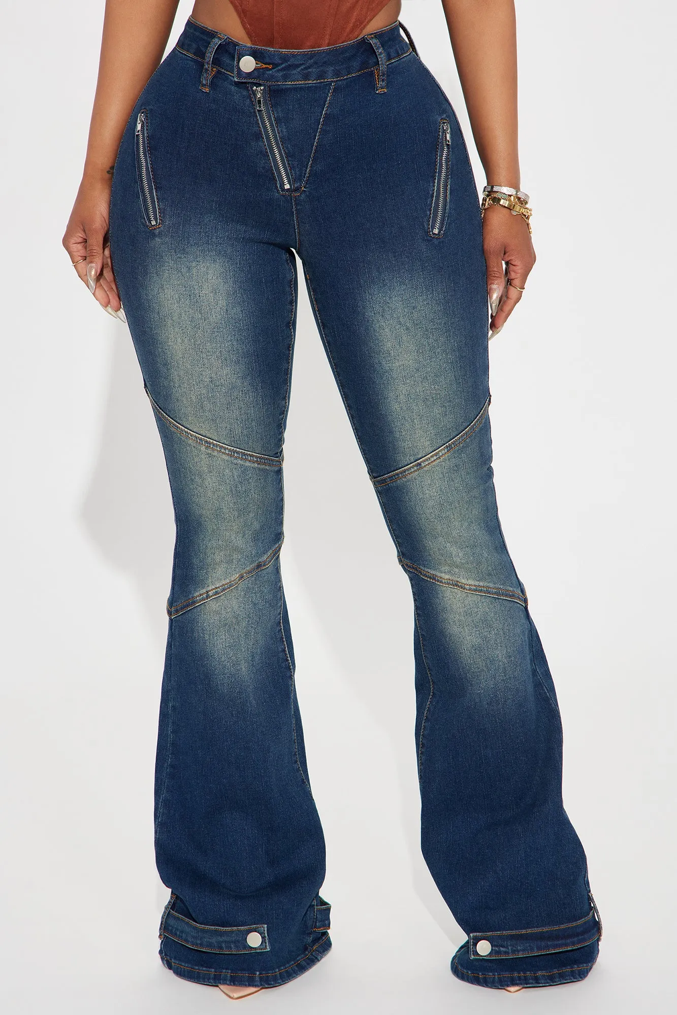 Let Me Introduce You  Stretch Moto Flare Jeans - Dark Wash