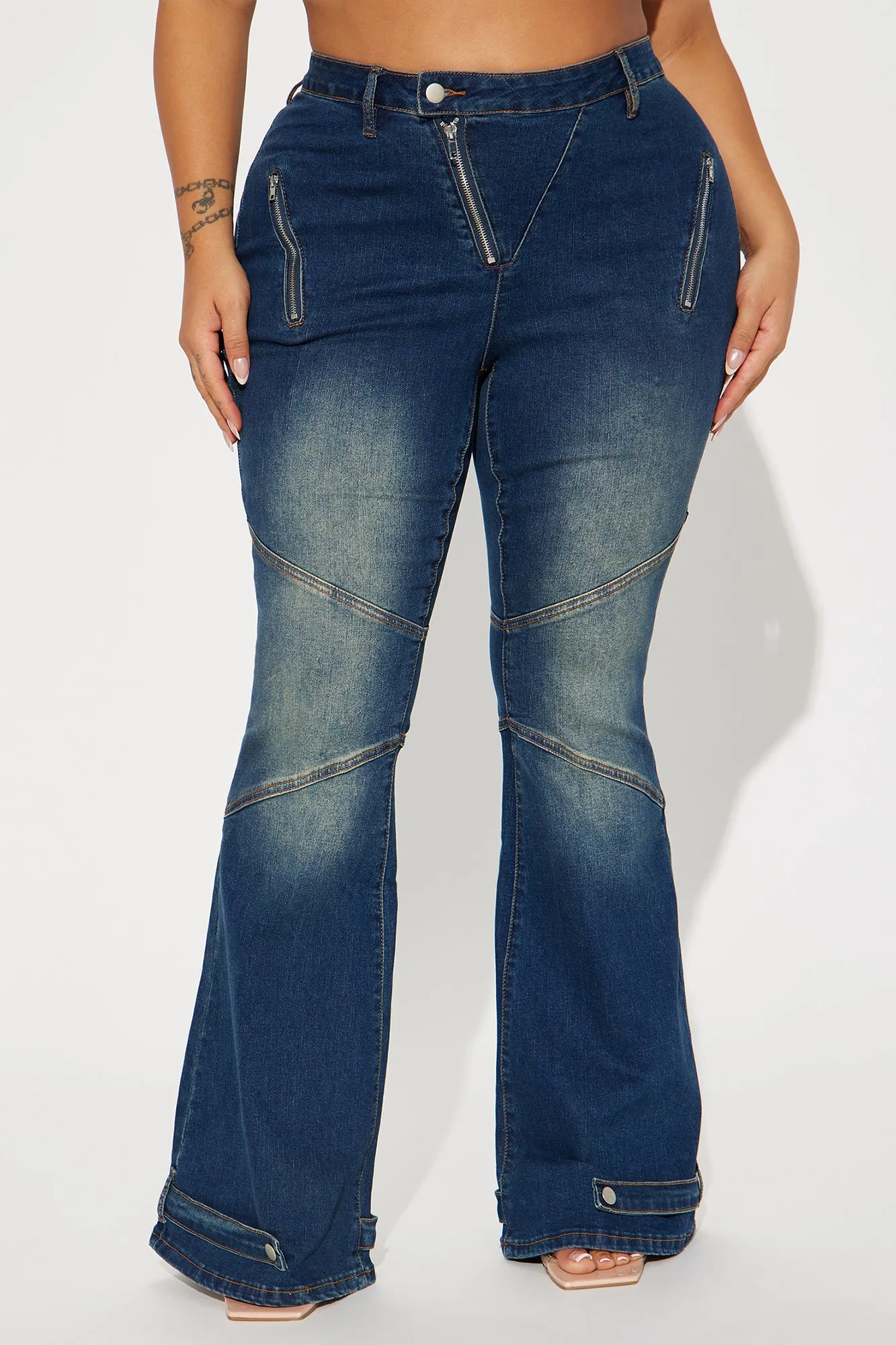 Let Me Introduce You  Stretch Moto Flare Jeans - Dark Wash