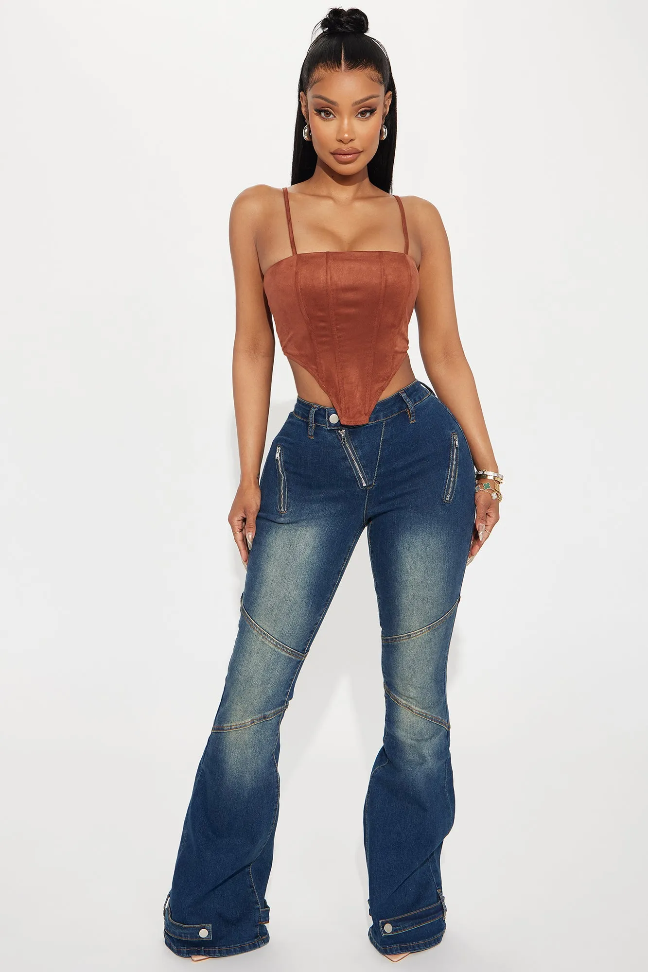 Let Me Introduce You  Stretch Moto Flare Jeans - Dark Wash