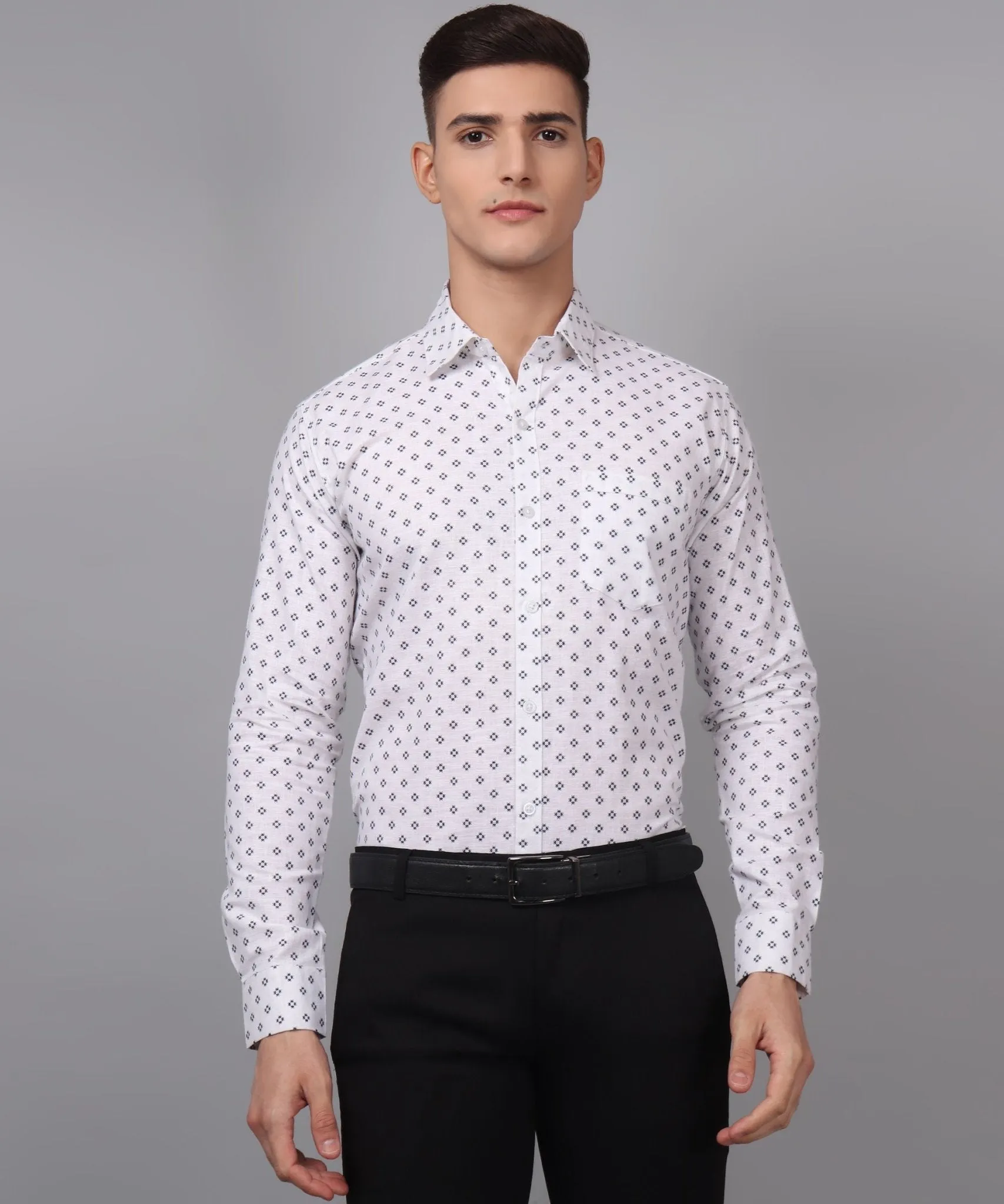 Luxe TryBuy Premium Cotton Linen White Printed Button-Up Shirt for Men