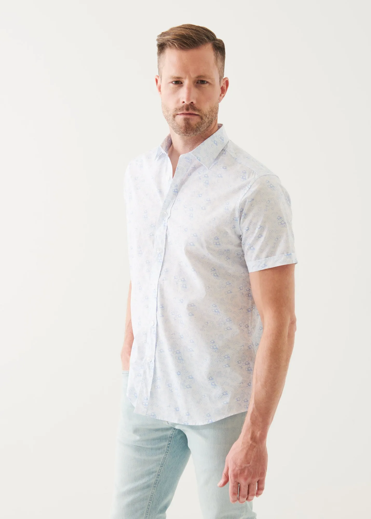 MICRO FLORAL PRINT COTTON SHORT SLEEVE SHIRT