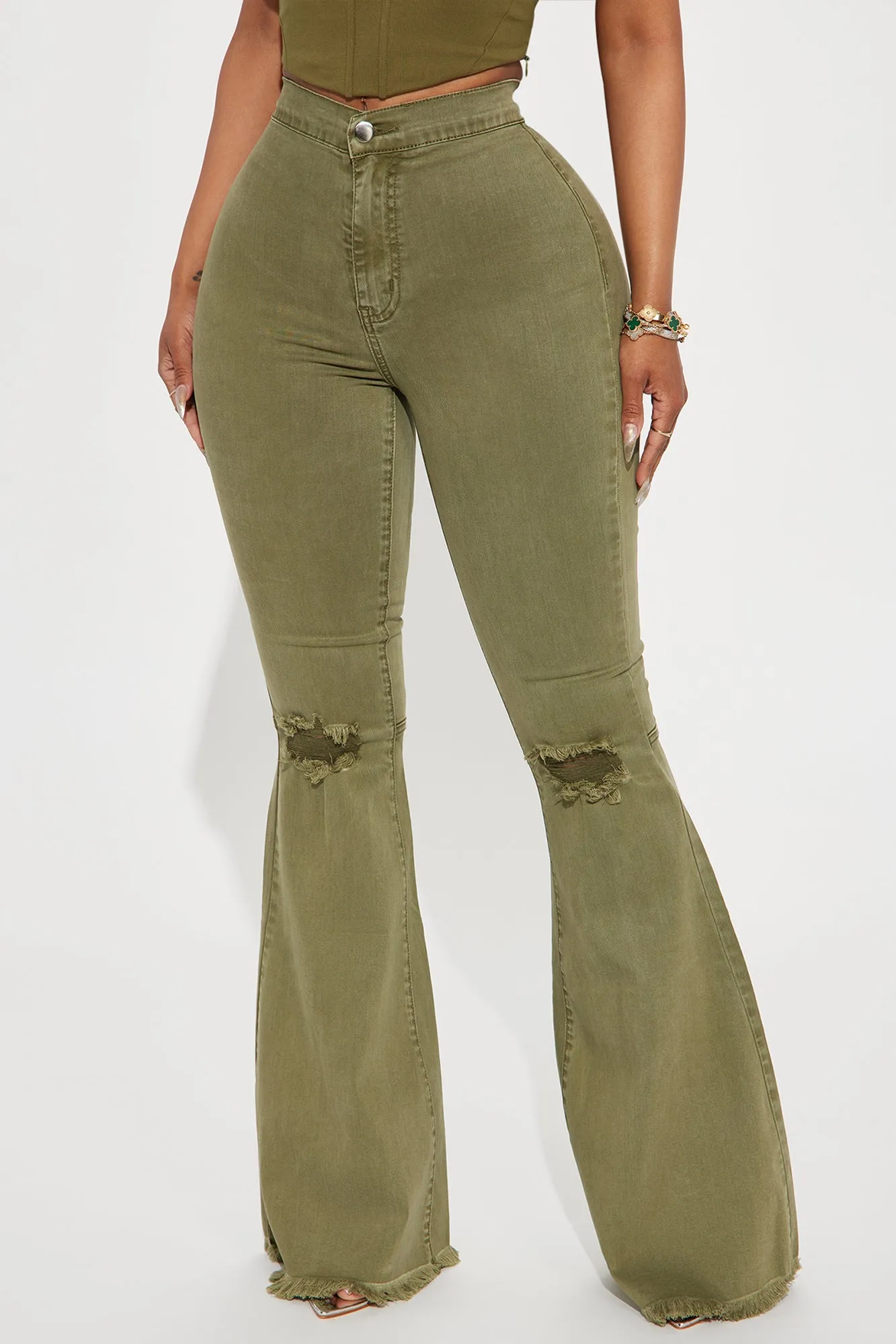 Mystery Solved Extreme Bell Bottom Jeans - Olive