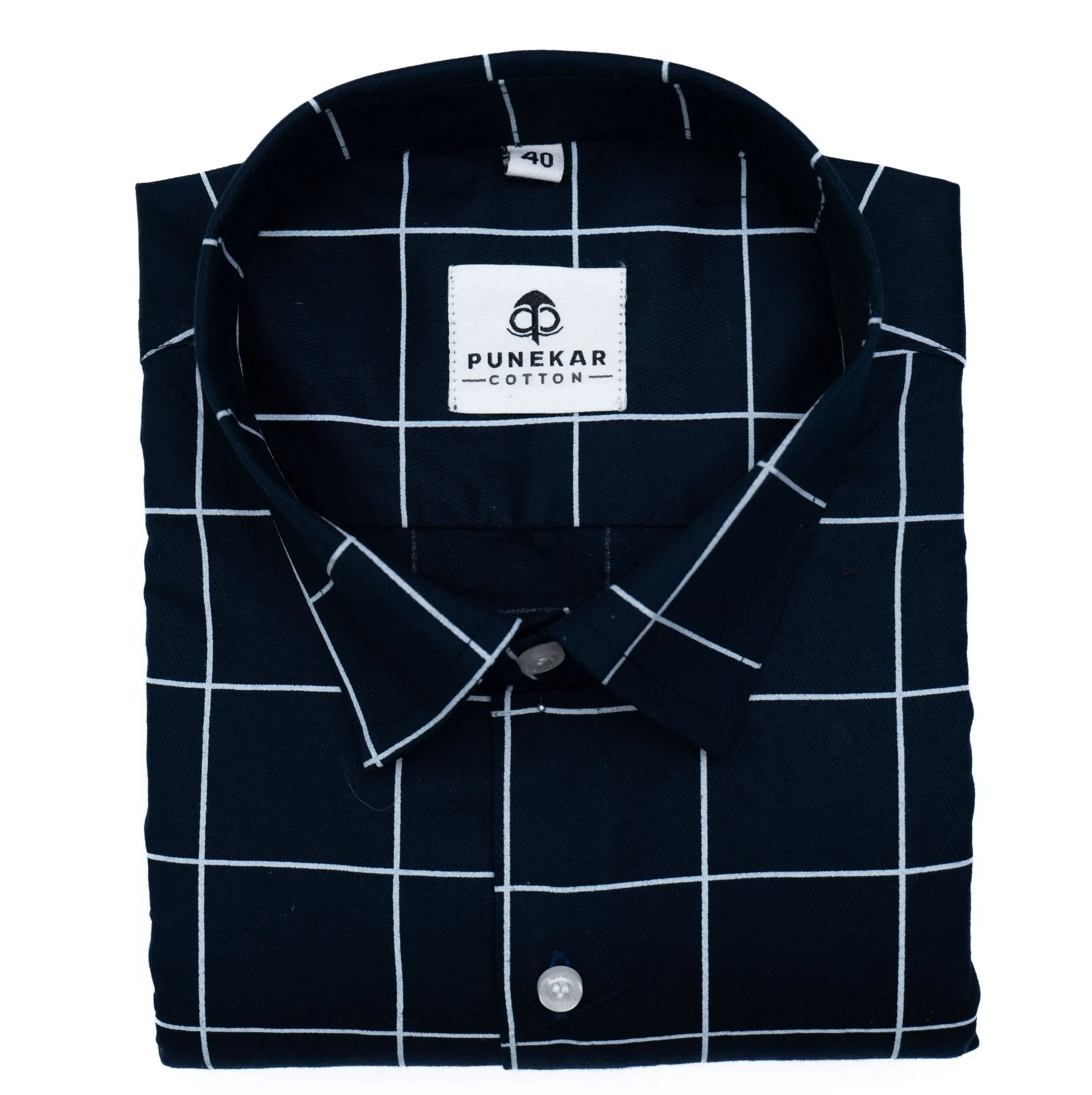 Mens Navy Blue Cotton Shirt with Large Check Pattern - Stylish and Comfortable