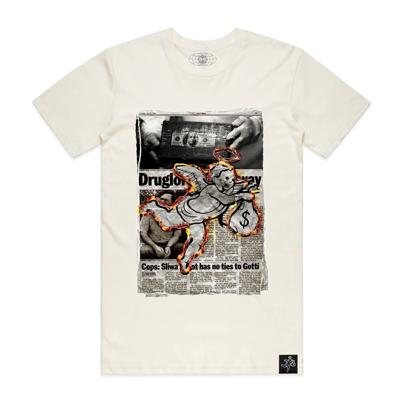 NEWSPAPER BURNING ANGEL TEE CREAM