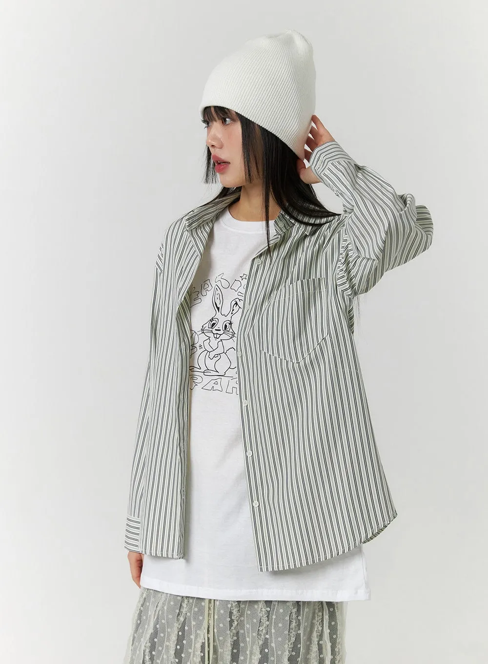 Oversized Collar Striped Button Shirt CF406