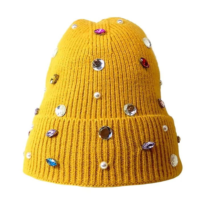 Pearl Jewel Embellished Fleece Lining Knit Beanie Hat