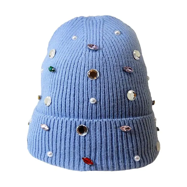 Pearl Jewel Embellished Fleece Lining Knit Beanie Hat