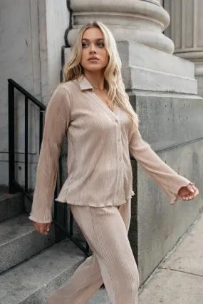 Plissé Panache Taupe Button Down Top - Final Sale