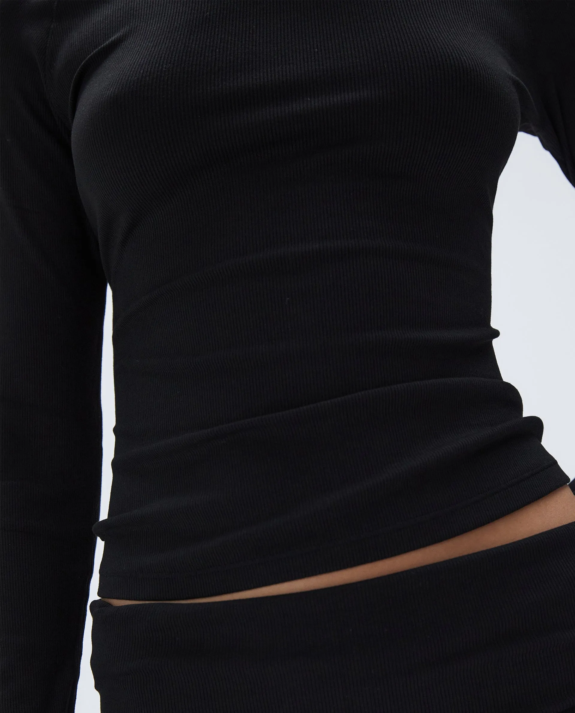 Rib Raglan Long Sleeve Top - Black