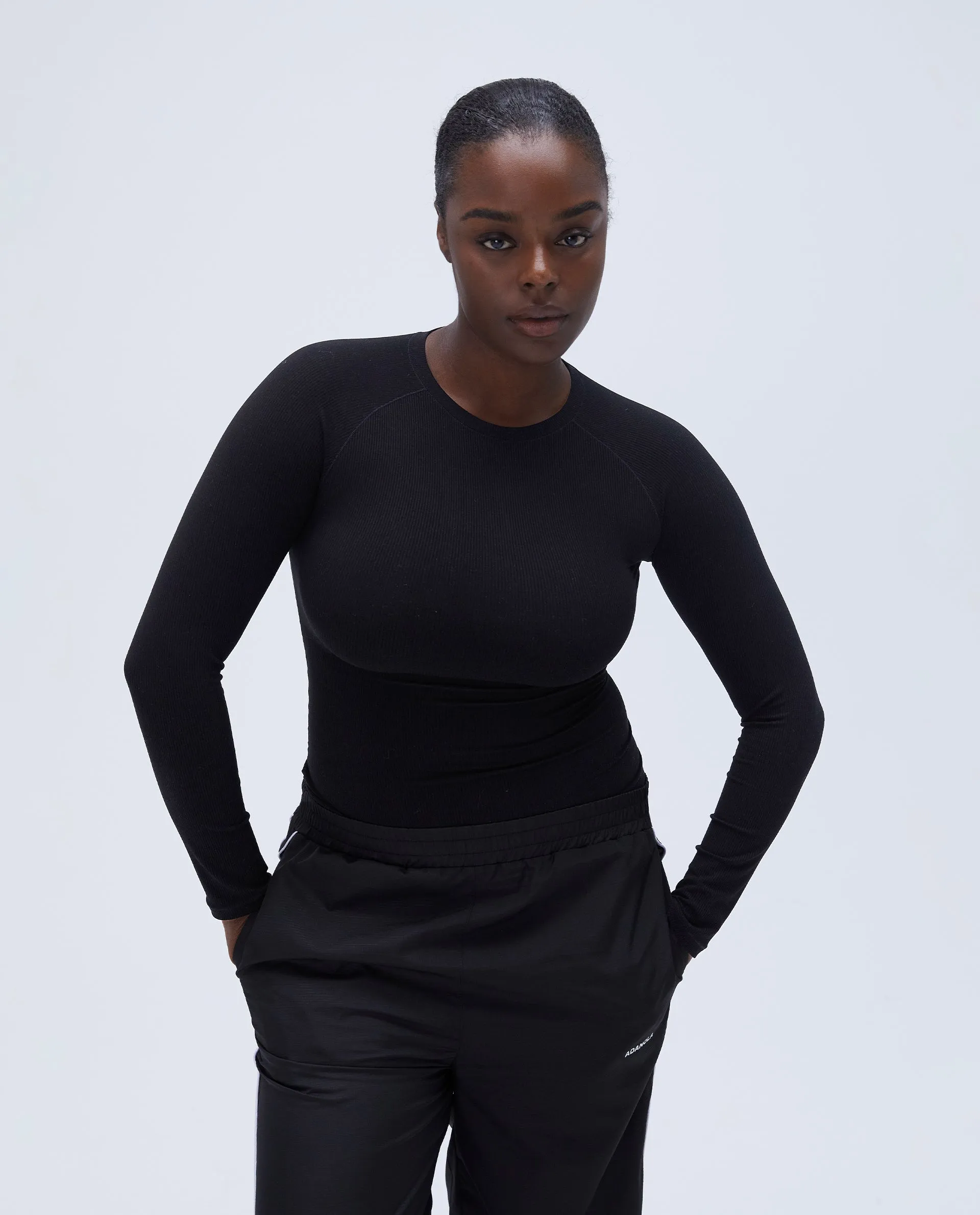 Rib Raglan Long Sleeve Top - Black