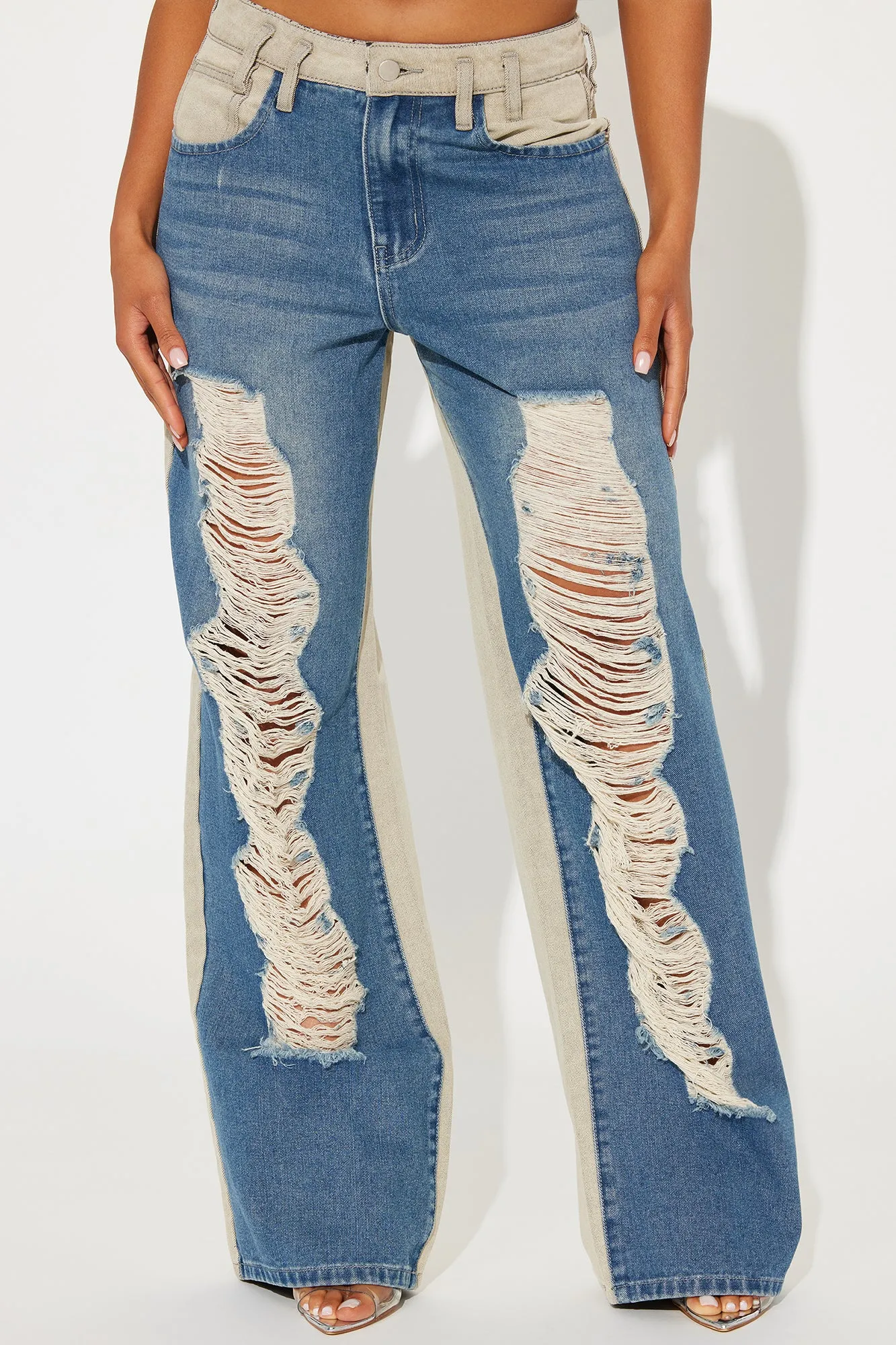 Two-Tone Ripped Straight Leg Jeans in Taupe/Combo – Stylish and Trendy