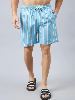 Style Quotient Men Light Blue Stripe Print Polyester Regular Swim  Shorts