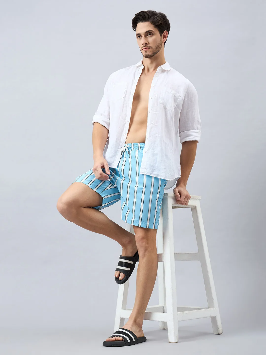 Style Quotient Men Light Blue Stripe Print Polyester Regular Swim  Shorts