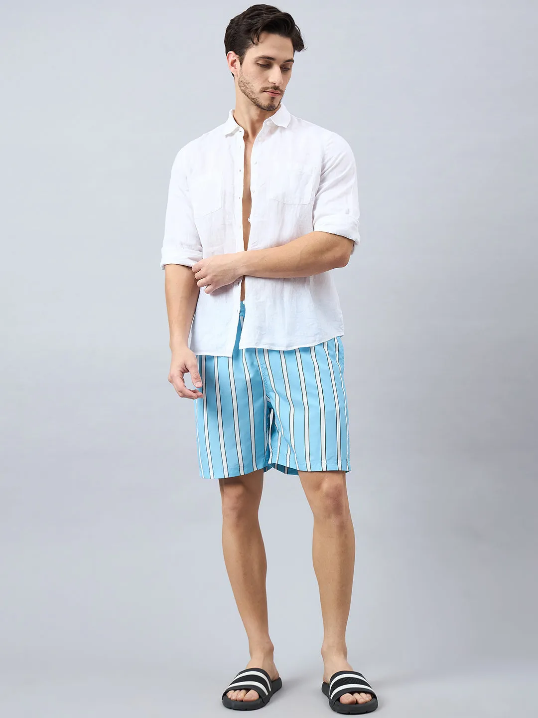 Style Quotient Men Light Blue Stripe Print Polyester Regular Swim  Shorts