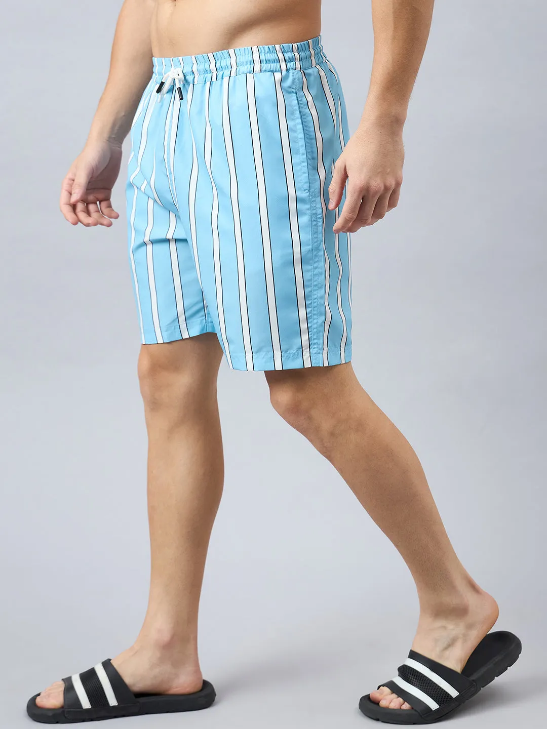 Style Quotient Men Light Blue Stripe Print Polyester Regular Swim  Shorts