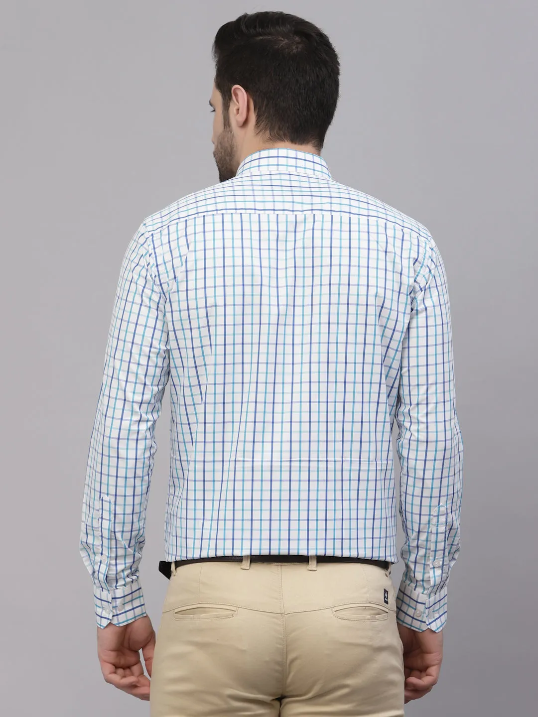 Style Quotient Men White And Turquoise Checks Yarn Dyed PolyCotton Regular Formal Shirt