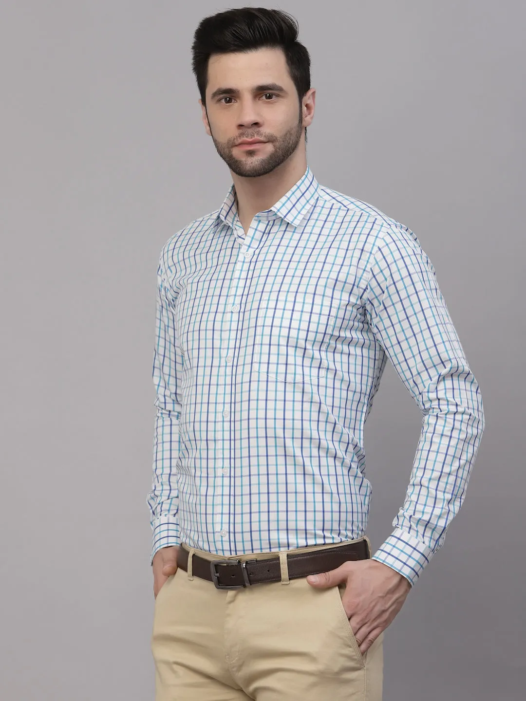 Style Quotient Men White And Turquoise Checks Yarn Dyed PolyCotton Regular Formal Shirt