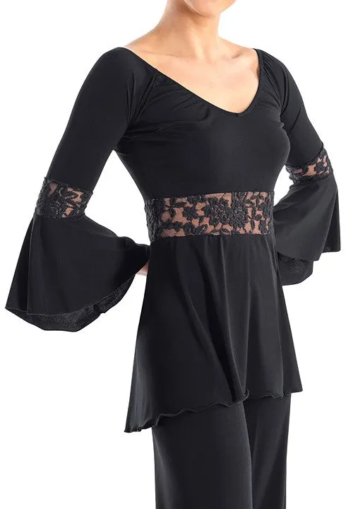 Victoria Blitz Reggio Ballroom or Latin Black Practice V-Neck Top with 3/4 Bell Sleeves, Flared Bottom, and Lace Patterned Bands PRA 747 in Stock