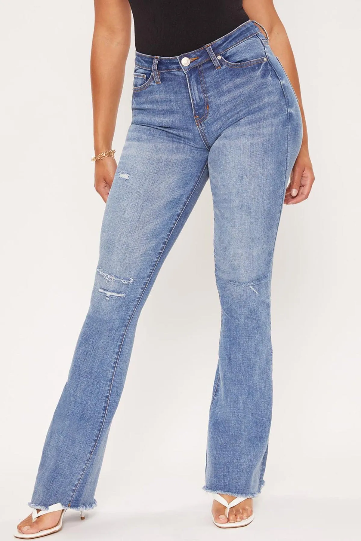 Women's High Rise Flare Jeans With Frayed Hem